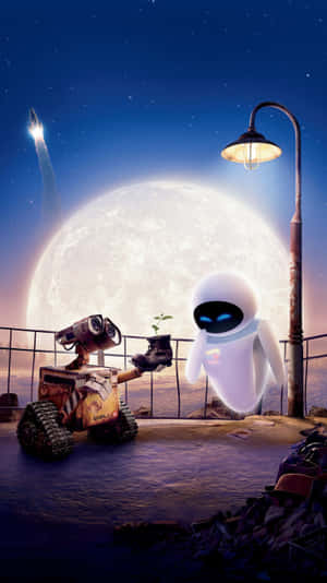 Dois robôs segurando uma planta sob uma lua gigante com um foguete voando sobre. — Wall E iPhone Papéis de Parede