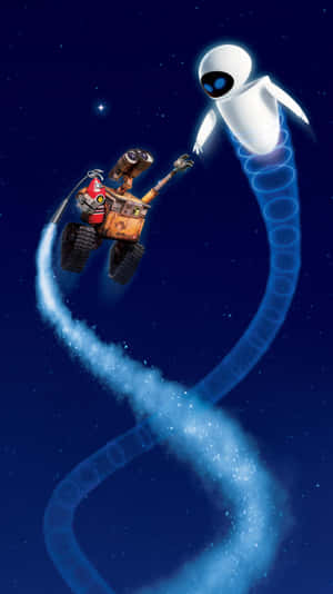 Wall-E e EVE voando pelo espaço com rastros azuis brilhantes — Wall E iPhone Papéis de Parede