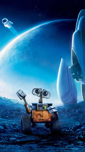 Robô WALL-E em um planeta árido olhando para uma nave espacial e a Terra. — Blue Moon Papéis de Parede