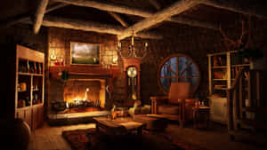 Cabana rústica iluminada com lareira de pedra e móveis de madeira. — Warm Aesthetic Papéis de Parede