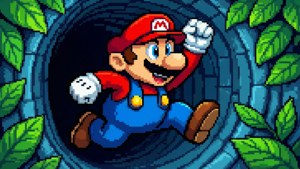 Mario hopper ind i et grønt warp-rør, retro pixelkunst.