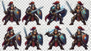 8-ramars stridsanimation av en fantasy-krigare i pixelkonststil, perfekt för spelutveckling.