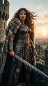Wallpaper fantasi epik dari Ashley Graham sebagai ratu prajurit di benteng kastil.