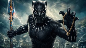 Pantera nera pronta per la battaglia con collana e lancia.