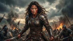 Sfondo fantasy epico di guerriero in piedi vittorioso sul campo di battaglia