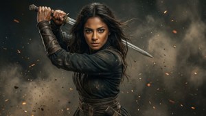 Actionbild av Tasya Teles som Echo i strid