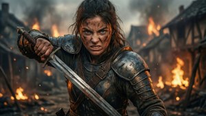 Fierce warrior woman in armor holding sword in burning village. — Girl Background