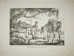 Warrior Sleeping by Carle Vernet, created c. 1817, in Lithograph in black on ivory wove paper. Download this artwork as a high-resolution wallpaper for desktop, — Illustration Wallpaper