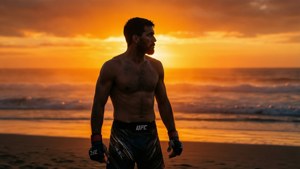 Sankarillinen MMA-siluetti rannalla auringonlaskussa, mietiskelevä tunnelma