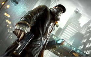 Masked vigilante holding gun and phone in rainy neon city.