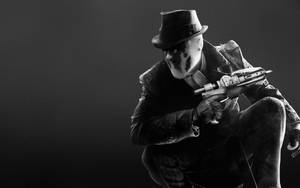 Um personagem mascarado de fedora e trench coat agacha-se com uma submetralhadora. — Vigias Foto Papéis de Parede