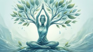 Ilustrasi pose pohon minimalis dengan elemen air dan daun.