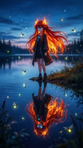 Shana står ved en innsjø, flammene hennes reflekteres perfekt på vannoverflaten
