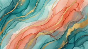 Abstrakte Aquarelltextur mit fließenden Türkis-Koralle-Gold-Strichen