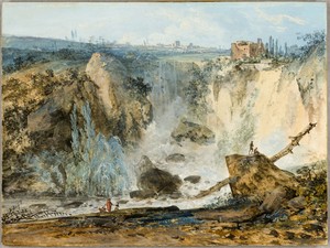 Waterfall by Louis Gabriel Moreau, created 1788, in Gouache, over traces of graphite, on cream laid paper, edge mounted on board. Download this artwork as a hig — Illustration Background