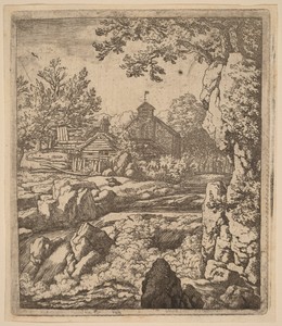Waterfall by Allaert van Everdingen, created probably c. 1645/1656, in etching. Download this artwork as a high-resolution wallpaper for desktop, tablet, or mob — Art Wallpaper