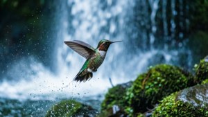 Kolibri som svever over foss med tåke