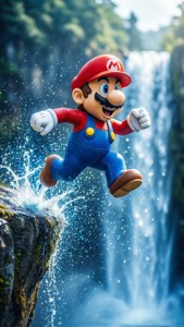 Paper Mario dengan gembira melompat ke air terjun dari tebing.