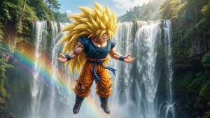 Goku SSJ3 melayang di atas air terjun dengan pelangi
