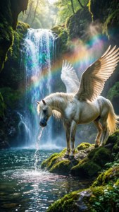 Um pégaso bebe em uma cachoeira beijada pelo arco-íris em um desfiladeiro escondido.