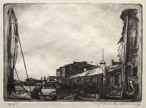 Waterfront by Frank Wilcox, created c. 1923, in etching. Download this artwork as a high-resolution wallpaper for desktop, tablet, or mobile. — Frank Wilcox Wallpaper
