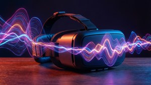 Gelombang suara neon yang memancar dari headset VR di lingkungan gelap