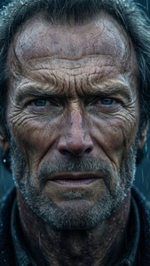 Et intenst nærbillede tapet af William Munny fra Unforgiven, regnvåd med gennemtrængende øjne.