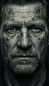 Noir-style close-up of Killer Kowalski's face showing his hard-earned character
