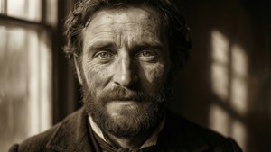 En sepia närbild av Martin Treu med vänliga ögon och tidstypiska kläder.