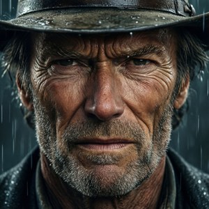 Close-up wajah William Munny yang lapuk dalam chiaroscuro dramatis dengan hujan.