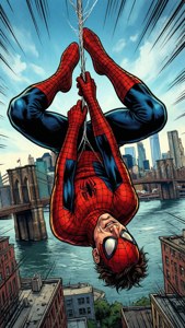 Tobey Maguire Hämähäkkimiehenä roikkumassa ylösalaisin seitistä.