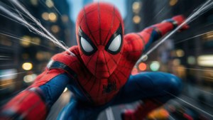 Rask action-bilde av Spider-Man som svinger direkte mot seeren