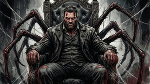 En mann med skjegg sitter på en trone omgitt av gigantiske edderkoppbein i en mørk gotisk scene.
