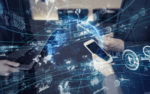 Person using tablet and laptop with floating digital data visualizations. — Webex Background