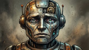 En retro-futuristisk trist tegning av en gråtende robot med synlige tannhjul.
