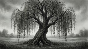 Um desenho melancólico e triste de um salgueiro-chorão com uma pequena figura por baixo.