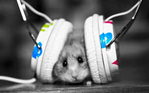 A small hamster peeking from colorful headphones in a black and white photo. — Chuck Background