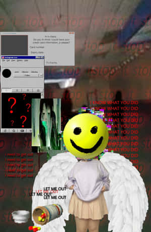 Person med änglavingar och ett gult smiley-ansikte mitt i digitala glitcheffekter och brådskande text. — Weirdcore Bilder