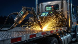 Dek truk las hiperdetail dengan obor aktif dan kontrol bercahaya di malam hari.