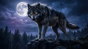 Un feroz hombre lobo aullando a la luna en un acantilado.