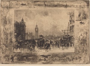 Westminster Bridge by Félix Hilaire Buhot, created 1884, in etching, drypoint, aquatint, soft-ground etching, and roulette in brownish-black ink on wove paper, — Art Picture