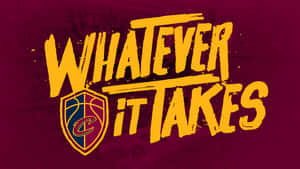 Cleveland Cavaliers-logga med slogan 'Whatever It Takes' i fet gul graffitistil på mörkröd bakgrund — Skrivbord Bakgrundsbilder