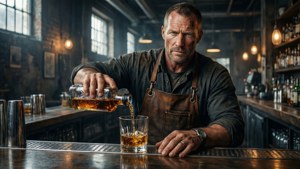 Mark Strong som bartender med en intens blick, som häller whiskey i en dunkel bar.