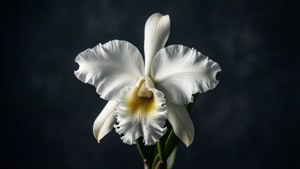 Elegant white orchid on dark background with dramatic lighting