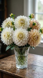 A bouquet of white dahlias in a crystal vase with soft window light.