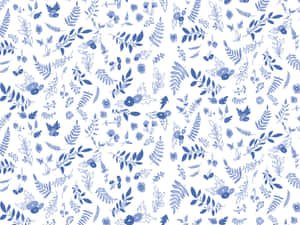 Blue botanical pattern with leaves flowers and berries on white background. — White Pattern Wallpaper