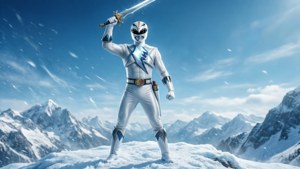 Heroisches Hintergrundbild von Weißem Ranger auf einem schneebedeckten Berg.