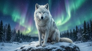 Um papel de parede de inverno de um lobo branco sob as luzes do norte
