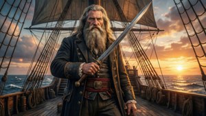 Edward Newgate staat heldhaftig op het dek van de Moby Dick, epische zonsondergangachtergrond.