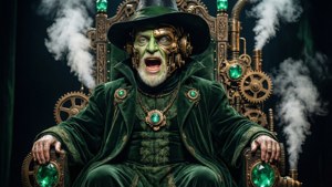 Der Zauberer von Oz als Steampunk-Figur auf einem Smaragdthron mit Zahnrädern.